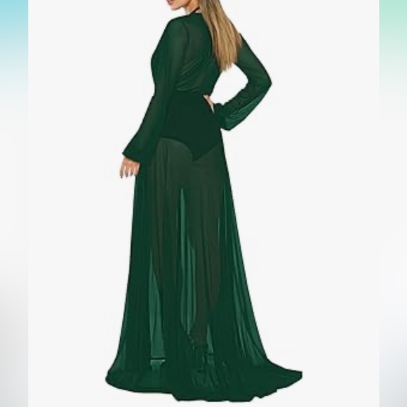 Green sheer long duster Hollywood robe lingerie yacht lounge cover up bikini nwt